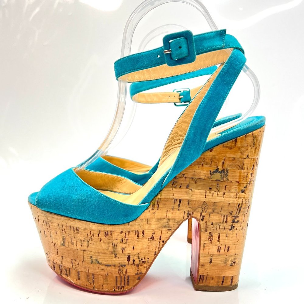 Christian Louboutin Dombasle 160 Blue Suede Cork Wedges 38